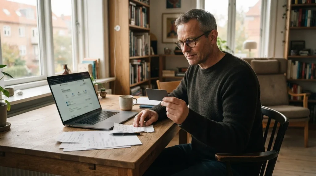 En voksen spiller sammenligner kort, bankoverførsel og digital tegnebog på en bærbar computer