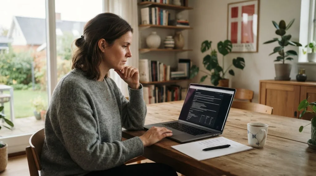 En spiller læser bonusvilkår og omsætningskrav på en bærbar computer ved et bord