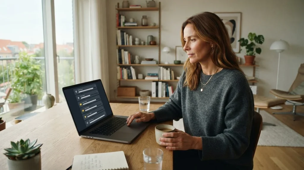 En voksen spiller sammenligner niveauer i et loyalitetsprogram på en bærbar computer