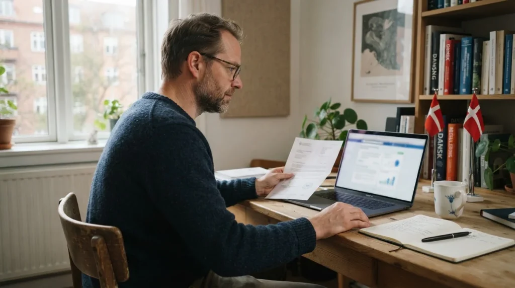 En dansk spiller gennemgår licensoplysninger på en bærbar computer ved et roligt skrivebord