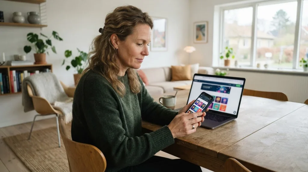 En voksen person bruger et responsivt casinowebsted på en smartphone ved siden af en bærbar computer