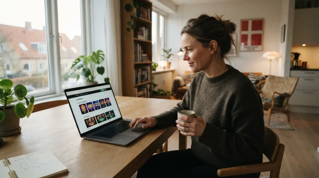 En spiller sammenligner spilleautomater og livekasino-kategorier på en bærbar computer